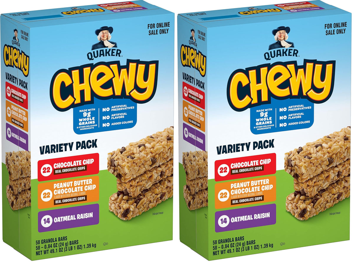 Quaker Chewy Granola Bars, Chewy & Dipps Variety Pack, (58 Bars), Whole Grains, No Artificial Flavors, No Added Colors