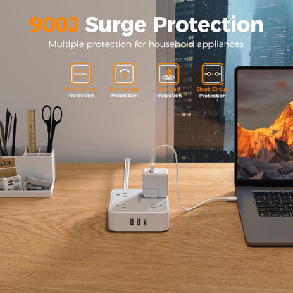 TESSAN Surge Protector Power Strip, 5 Ft Flat Plug Extension Cord with 3 USB (1 USB C) 8 Outlets, 1250W, 900J Protection, 3 Sided Outlet Extender with Power Switch for Office, Dorm Room, Grey