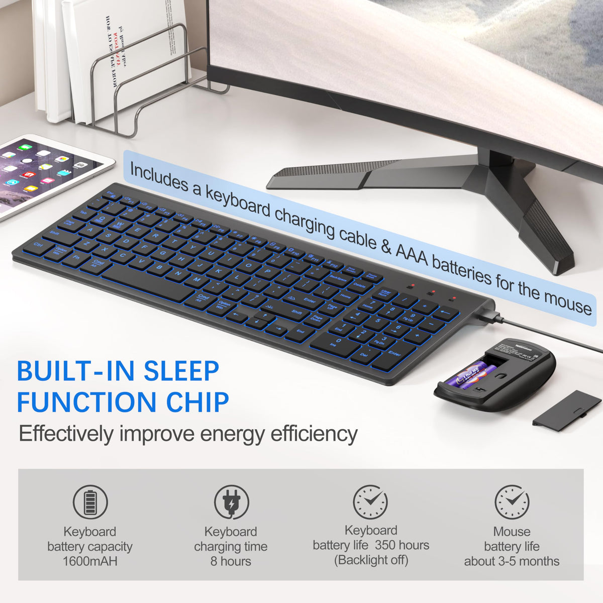 TopMate Wireless Keyboard and Mouse Ultra Slim Combo, 2.4G Silent Compact USB 2400DPI Mouse and Scissor Switch Keyboard Set with Cover, Batteries Included, for PC/Laptop/Windows/Mac - White