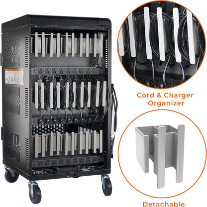 Fully Assembled 30 Bay Mobile Charging and Storage Cart for iPad, Chromebook and Laptop Computer with Keypad Lock,Up to 14-inch Screen Size,Surge Protection,Front & Back Access Locking Cabinet (Black)