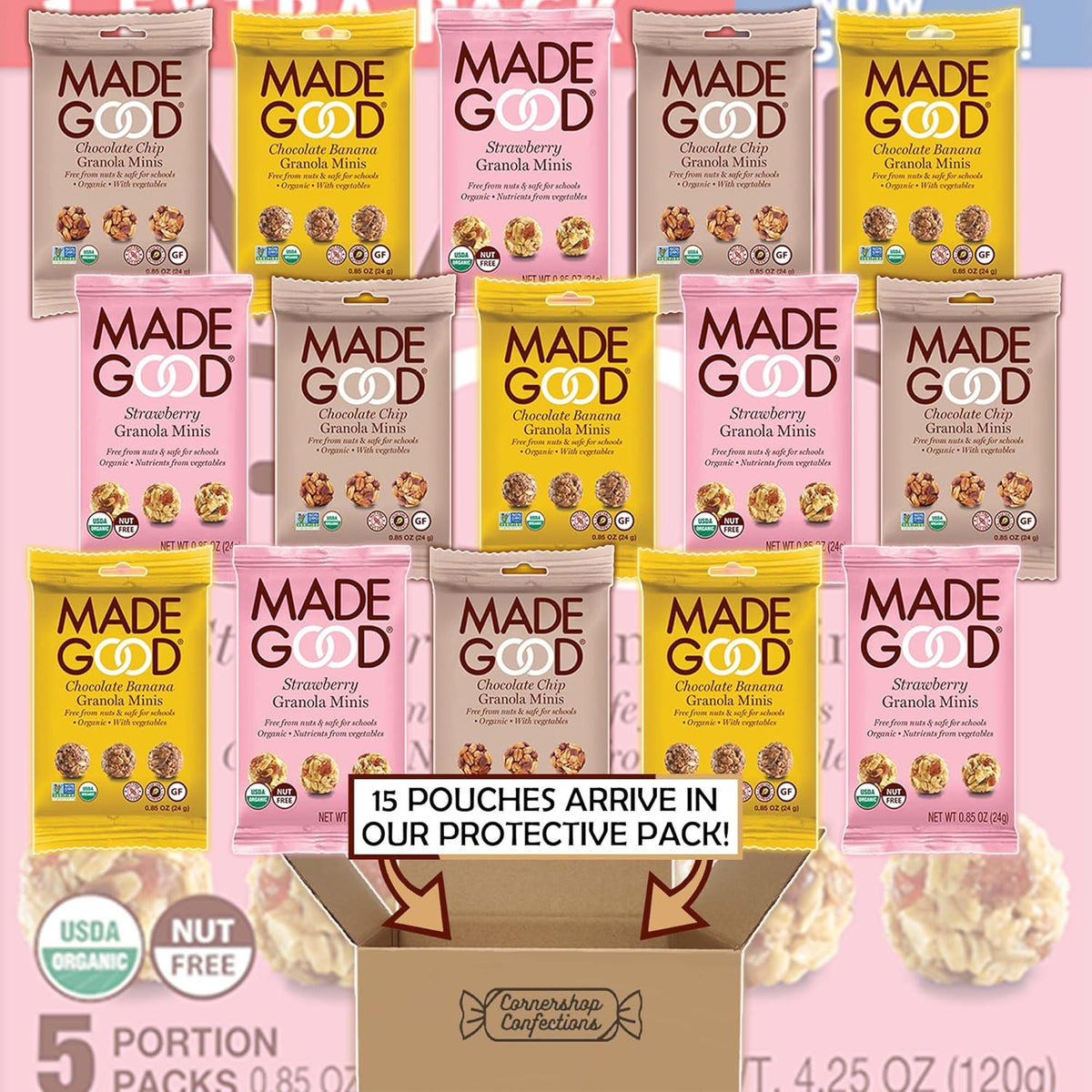 MadeGood Granola Minis 15 Pack Variety Pack - 3 Flavors Included - 5 Packs of Each Flavor - Chocolate Banana, Strawberry, Chocolate Chip - Tasty On-The-Go Snack in Cornershop Confections Pack