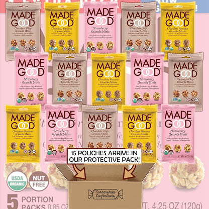 MadeGood Granola Minis 15 Pack Variety Pack - 3 Flavors Included - 5 Packs of Each Flavor - Chocolate Banana, Strawberry, Chocolate Chip - Tasty On-The-Go Snack in Cornershop Confections Pack
