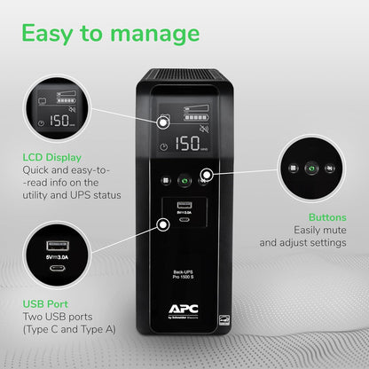 APC Back-UPS Pro Sinewave UPS, 1500VA/900W UPS Battery Backup & Surge Protector, AVR, 10 Outlets, LCD, USB-C Charging, UL Certified, BR1500MS2 Uninterruptible Power Supply for Computers, Electronics