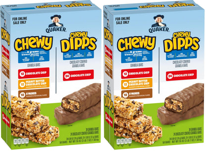 Quaker Chewy Granola Bars, Chewy & Dipps Variety Pack, (58 Bars), Whole Grains, No Artificial Flavors, No Added Colors