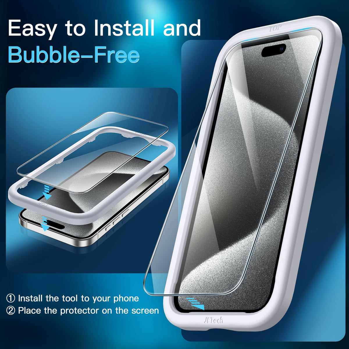 JETech Screen Protector for iPhone 15 6.1-Inch, Bubble Free, Tempered Glass Film with Easy Installation Tool, Case-Friendly, HD Clear, 2-Pack