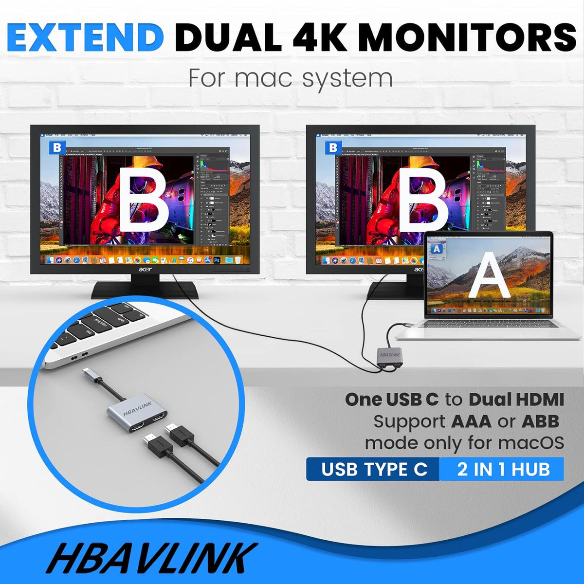 HDMI Splitter Extended Display, USB C to HDMI Dual Monitor Adapter 4K for Laptop(DP Alt Mode Required)