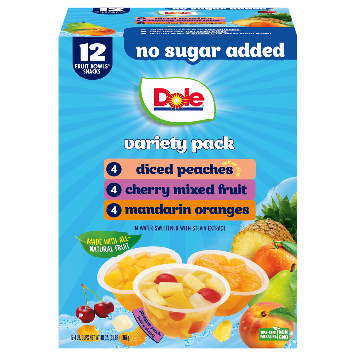 Dole Diced Peaches, Mandarin Oranges, and Cherry Mixed Fruit in 100% Juice Variety Pack - Dole Fruit Bowls Snacks - 4 oz Bowls - 12 Pack