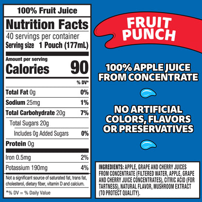 Capri Sun 100% Juice Fruit Punch Naturally Flavored Juice Blend, 40 ct Pack, 4 Boxes of 10 Pouches