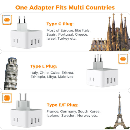 TESSAN All European UK Travel Plug Adapter Kit, International Detachable with 3 Outlet 3 USB Charger (1 USB C), Type C/G/E/F EU Ireland Power Adaptor, US to Europe Italy Spain France Greece
