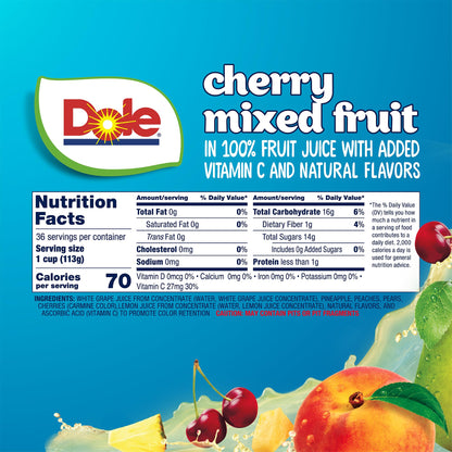 Dole Fruit Bowls No Sugar Added Snacks, Cherry Mixed Fruit 4oz 24 Cups, Gluten & Dairy Free, Bulk Lunch Snacks for Kids & Adults