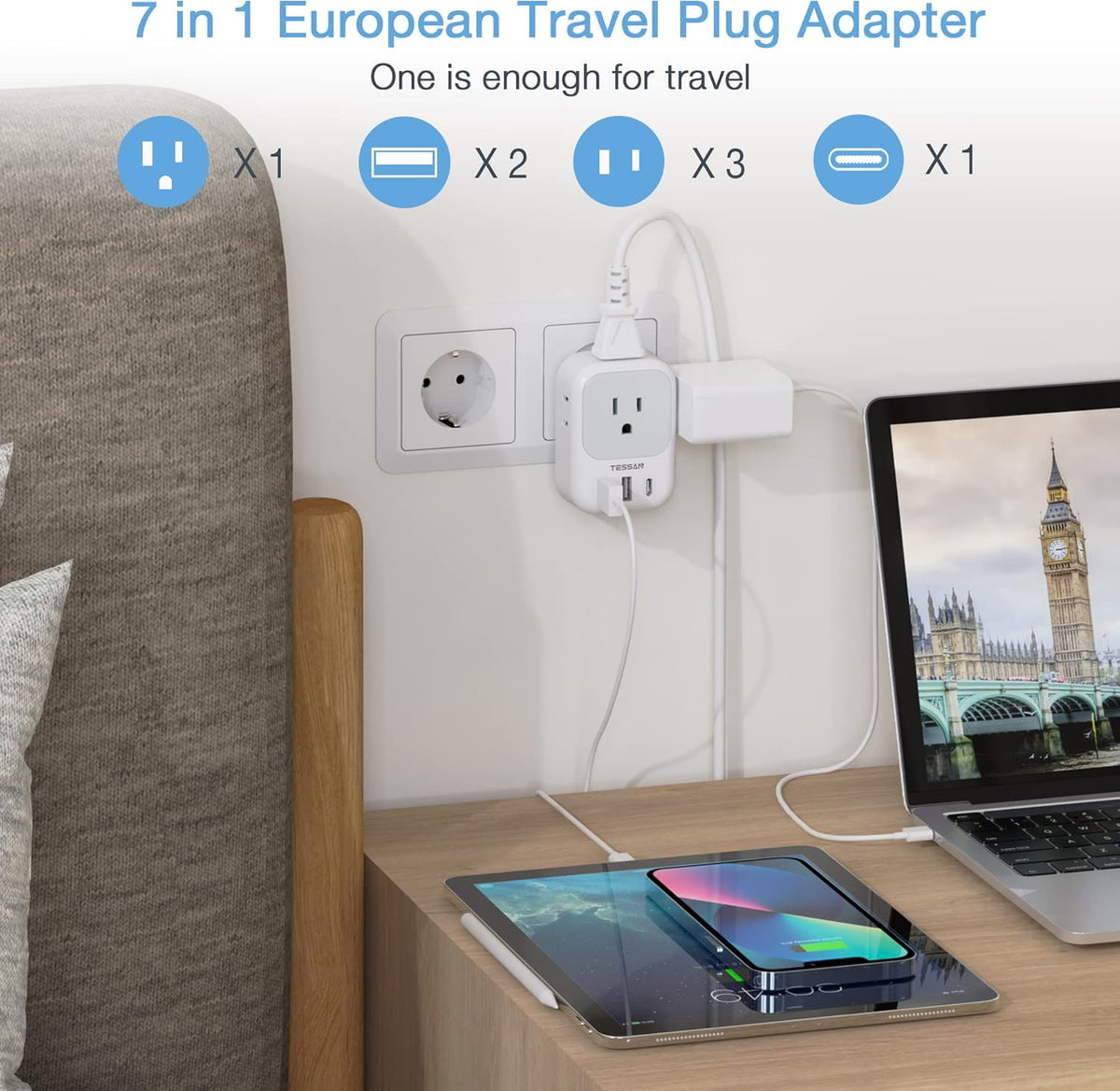 TESSAN European Travel Plug Adapter USB C, Type C Power Adaptor with 4 AC Outlets for USA to EU Italy Iceland Spain France Greece Germany