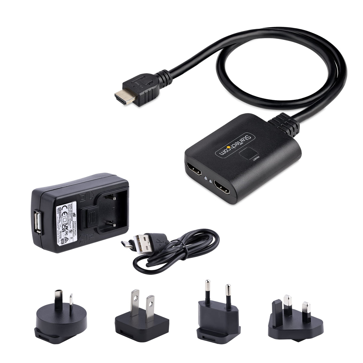 StarTech.com 4K HDMI Splitter 1 In 2 Out - 4K 30Hz HDMI 1.4 2 Port Video Splitter Box -with high speed HDMI cable, USB power cable - Black (ST122HD4KU)
