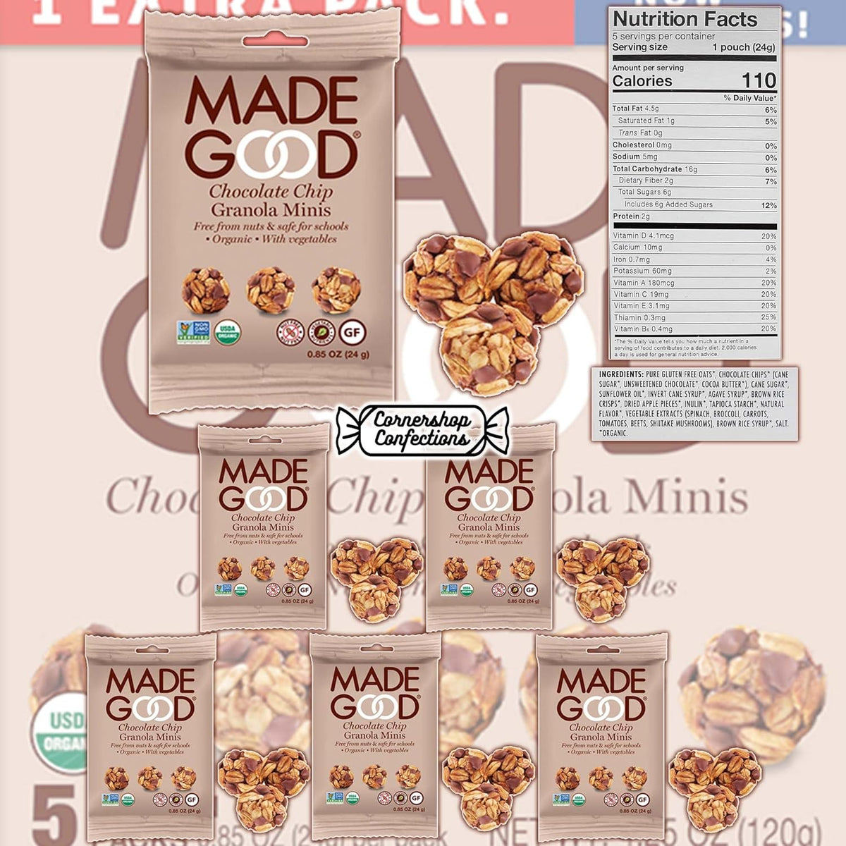 MadeGood Granola Minis 15 Pack Variety Pack - 3 Flavors Included - 5 Packs of Each Flavor - Chocolate Banana, Strawberry, Chocolate Chip - Tasty On-The-Go Snack in Cornershop Confections Pack