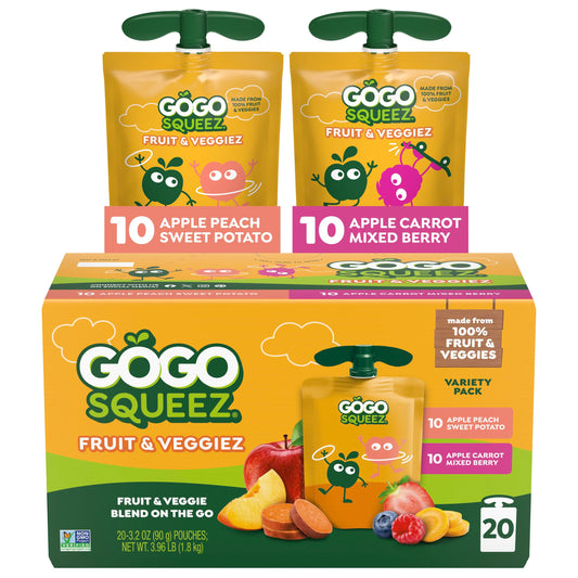 GoGo squeeZ No Sugar Added Fruit & veggieZ Applesauce and Puree Variety Pack, Jurassic Pear, Roarrrr Berry & Prehistoric Peach, 3.2 oz Pouches (Pack of 20), Fruit Snacks for Kids, Gluten Free, Nut Free, Recloseable Cap, BPA Free