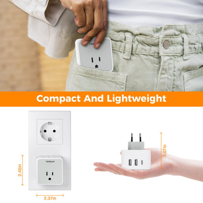 TESSAN All European UK Travel Plug Adapter Kit, International Detachable with 3 Outlet 3 USB Charger (1 USB C), Type C/G/E/F EU Ireland Power Adaptor, US to Europe Italy Spain France Greece
