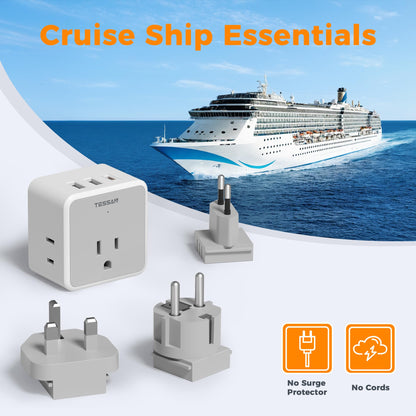 TESSAN All European UK Travel Plug Adapter Kit, International Detachable with 3 Outlet 3 USB Charger (1 USB C), Type C/G/E/F EU Ireland Power Adaptor, US to Europe Italy Spain France Greece
