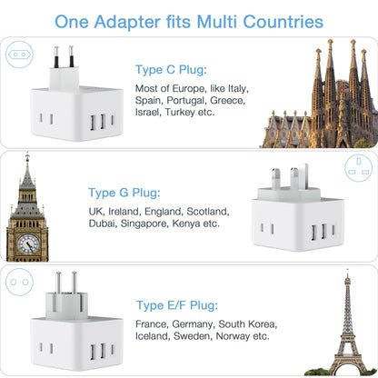 TESSAN All European UK Travel Plug Adapter Kit, International Detachable with 3 Outlet 3 USB Charger (1 USB C), Type C/G/E/F EU Ireland Power Adaptor, US to Europe Italy Spain France Greece