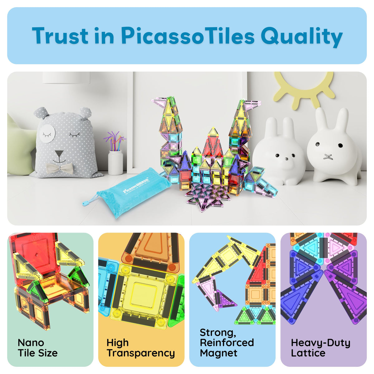 PicassoTiles 60 Piece Set 60pcs Magnet Building Tiles Clear Magnetic 3D Blocks Construction Playboards - Creativity Beyond Imagination, Inspirational, Recreational, Educational, Conventional