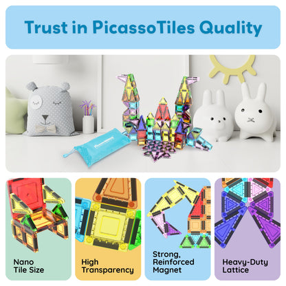 PicassoTiles 60 Piece Set 60pcs Magnet Building Tiles Clear Magnetic 3D Blocks Construction Playboards - Creativity Beyond Imagination, Inspirational, Recreational, Educational, Conventional