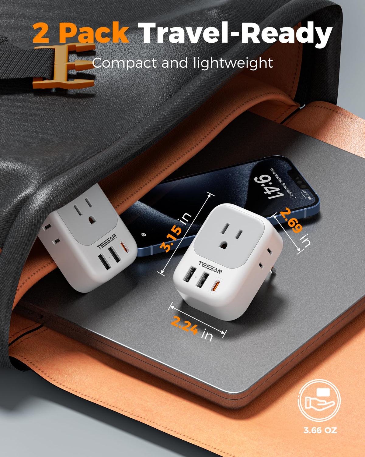 2 Pack European Plug Adapter USB C, TESSAN US to Europe Adapter 4 Outlets 3 USB Charger, Type C International Power Adaptor to Italy Spain France Portugal Iceland Germany, Europe Travel Essentials