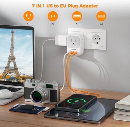 TESSAN European Travel Plug Adapter USB C, Type C Power Adaptor with 4 AC Outlets for USA to EU Italy Iceland Spain France Greece Germany