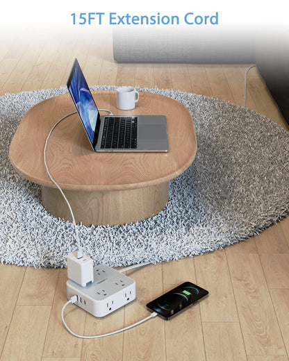 TESSAN Surge Protector Power Strip, 5 Ft Flat Plug Extension Cord with 3 USB (1 USB C) 8 Outlets, 1250W, 900J Protection, 3 Sided Outlet Extender with Power Switch for Office, Dorm Room, Grey