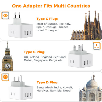 TESSAN All European UK Travel Plug Adapter Kit, International Detachable with 3 Outlet 3 USB Charger (1 USB C), Type C/G/E/F EU Ireland Power Adaptor, US to Europe Italy Spain France Greece