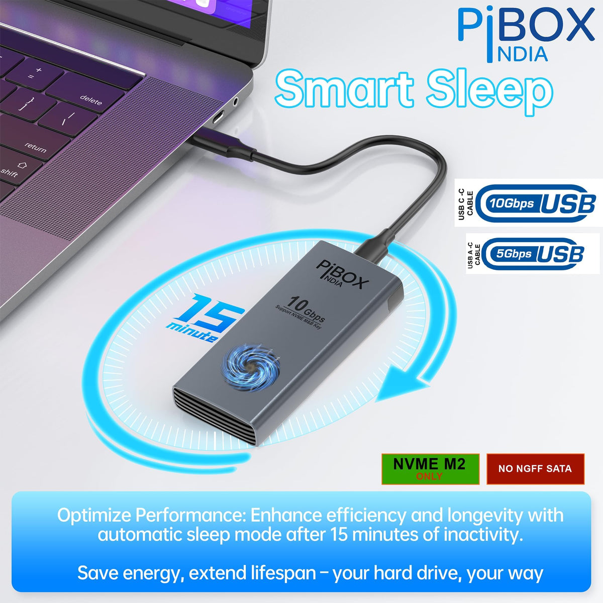 PiBOX India NVMe M2 Enclosure - Dual Protocol USB 3.2 Tool-Free Case, PCI-E Reader, USB-C, M & B+M Keys, 2230/2242/2260/2280 SSDs