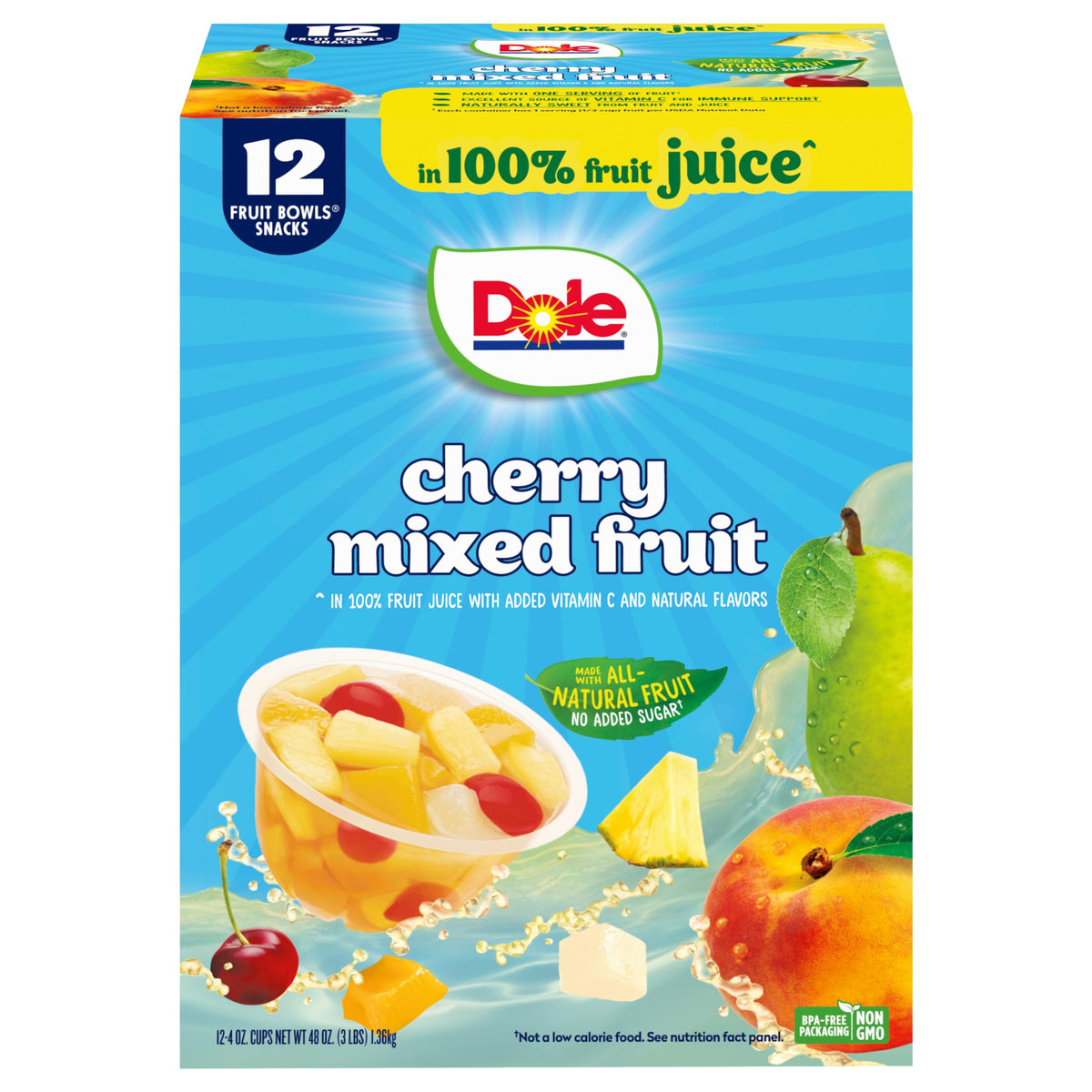 Dole Fruit Bowls No Sugar Added Snacks, Cherry Mixed Fruit 4oz 24 Cups, Gluten & Dairy Free, Bulk Lunch Snacks for Kids & Adults