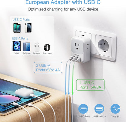 TESSAN European Travel Plug Adapter USB C, Type C Power Adaptor with 4 AC Outlets for USA to EU Italy Iceland Spain France Greece Germany