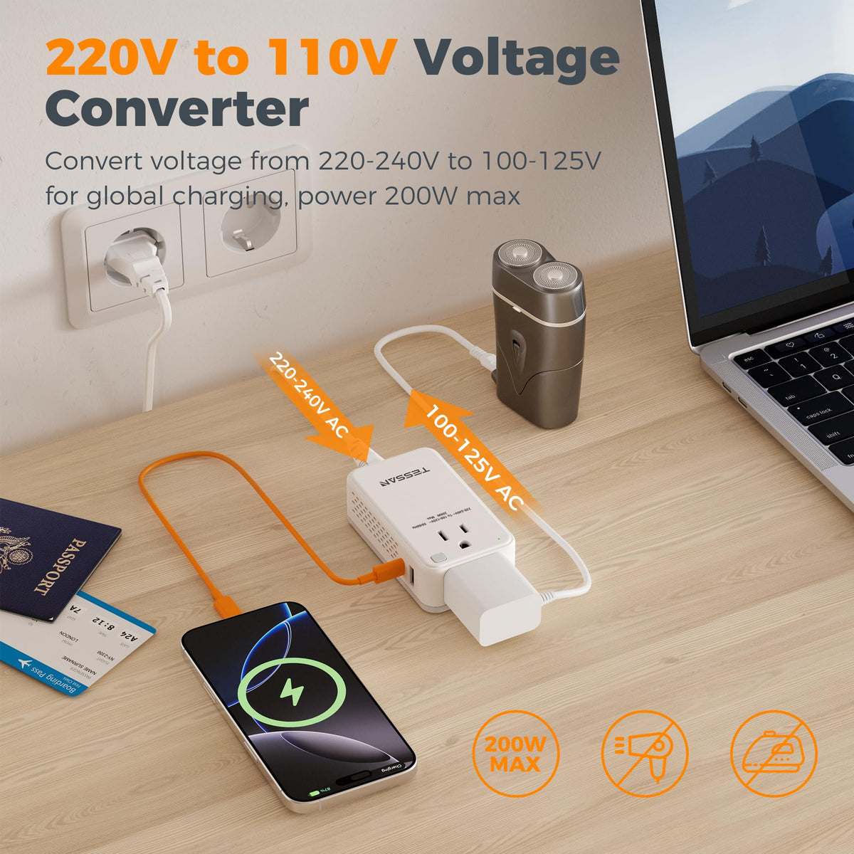 TESSAN 220 to 110 Voltage Converter US to Europe, International Travel Power Adapter with 4 USB Ports(2 USB C), 2 AC and EU/UK/AU Plug Universal Power Converter Adapter Combo, Step Down Transformer