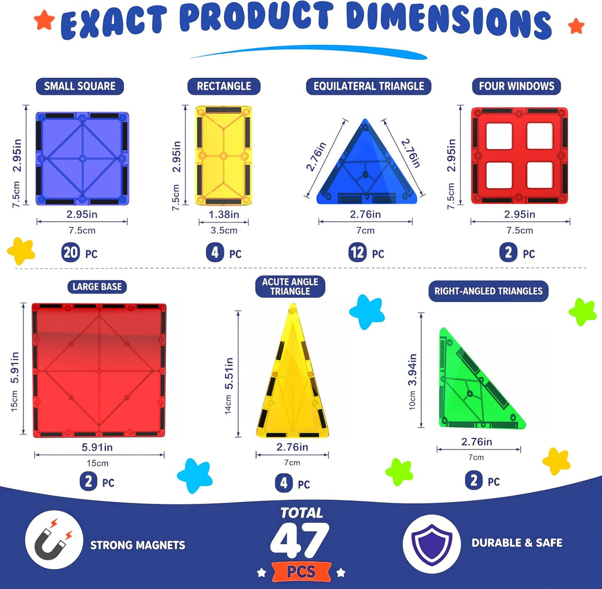 Magnetic Tiles Building Blocks Toy - STEM Educational Magnetic Blocks for Kids, Creativity Preschool Learning Sensory Montessori Toddler Magnetic Toys for Boys & Girls 3+ Years Old - 47PC