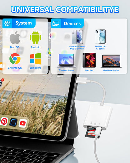 USB-C SD Card Reader, Dual Slot SD/MicroSD Adapter for iPhone 17/16/15