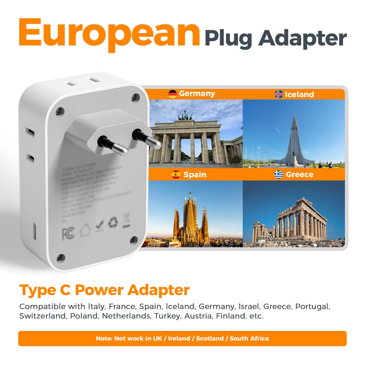 2 Pack European Plug Adapter USB C, TESSAN US to Europe Adapter 4 Outlets 3 USB Charger, Type C International Power Adaptor to Italy Spain France Portugal Iceland Germany, Europe Travel Essentials