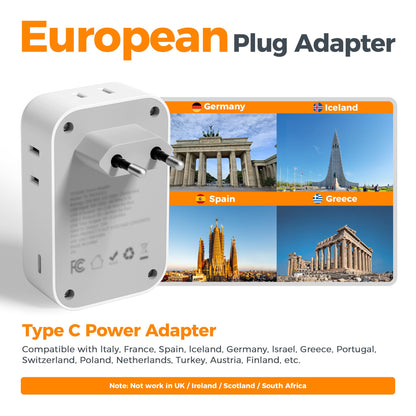 2 Pack European Plug Adapter USB C, TESSAN US to Europe Adapter 4 Outlets 3 USB Charger, Type C International Power Adaptor to Italy Spain France Portugal Iceland Germany, Europe Travel Essentials