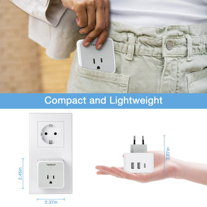 TESSAN All European UK Travel Plug Adapter Kit, International Detachable with 3 Outlet 3 USB Charger (1 USB C), Type C/G/E/F EU Ireland Power Adaptor, US to Europe Italy Spain France Greece