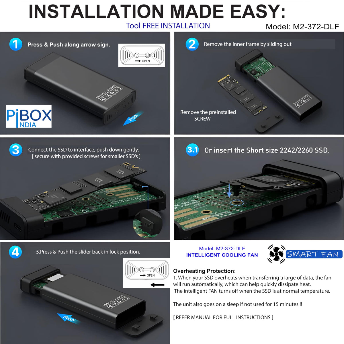 PiBOX India NVMe M2 Enclosure - Dual Protocol USB 3.2 Tool-Free Case, PCI-E Reader, USB-C, M & B+M Keys, 2230/2242/2260/2280 SSDs