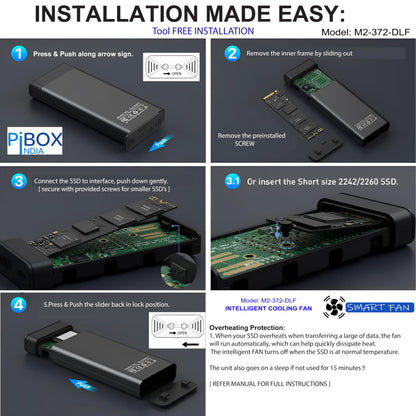 PiBOX India NVMe M2 Enclosure - Dual Protocol USB 3.2 Tool-Free Case, PCI-E Reader, USB-C, M & B+M Keys, 2230/2242/2260/2280 SSDs