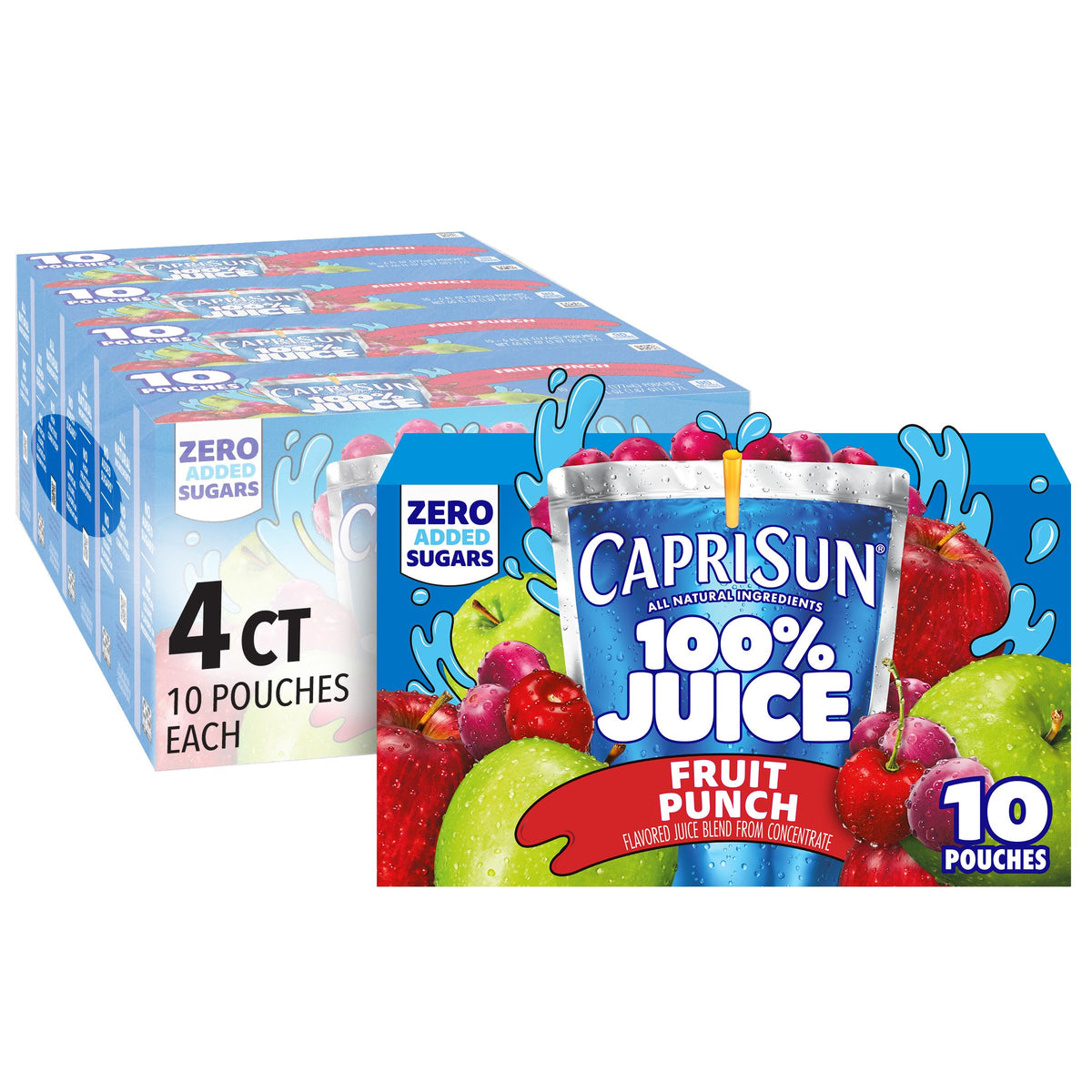Capri Sun 100% Juice Fruit Punch Naturally Flavored Juice Blend, 40 ct Pack, 4 Boxes of 10 Pouches