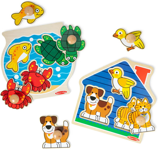 Melissa & Doug Wooden Jumbo Peg Puzzle 2-Pack – Fish Bowl, House Pets, 3-Piece for Toddlers Boys and Girls, Ages 1+ Years