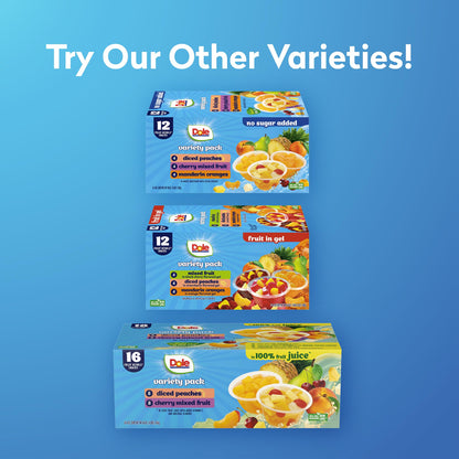 Dole Diced Peaches, Mandarin Oranges, and Cherry Mixed Fruit in 100% Juice Variety Pack - Dole Fruit Bowls Snacks - 4 oz Bowls - 12 Pack