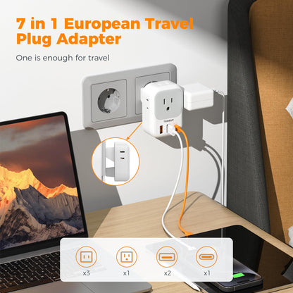 2 Pack European Plug Adapter USB C, TESSAN US to Europe Adapter 4 Outlets 3 USB Charger, Type C International Power Adaptor to Italy Spain France Portugal Iceland Germany, Europe Travel Essentials