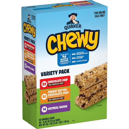 Quaker Chewy Granola Bars, Chewy & Dipps Variety Pack, (58 Bars), Whole Grains, No Artificial Flavors, No Added Colors