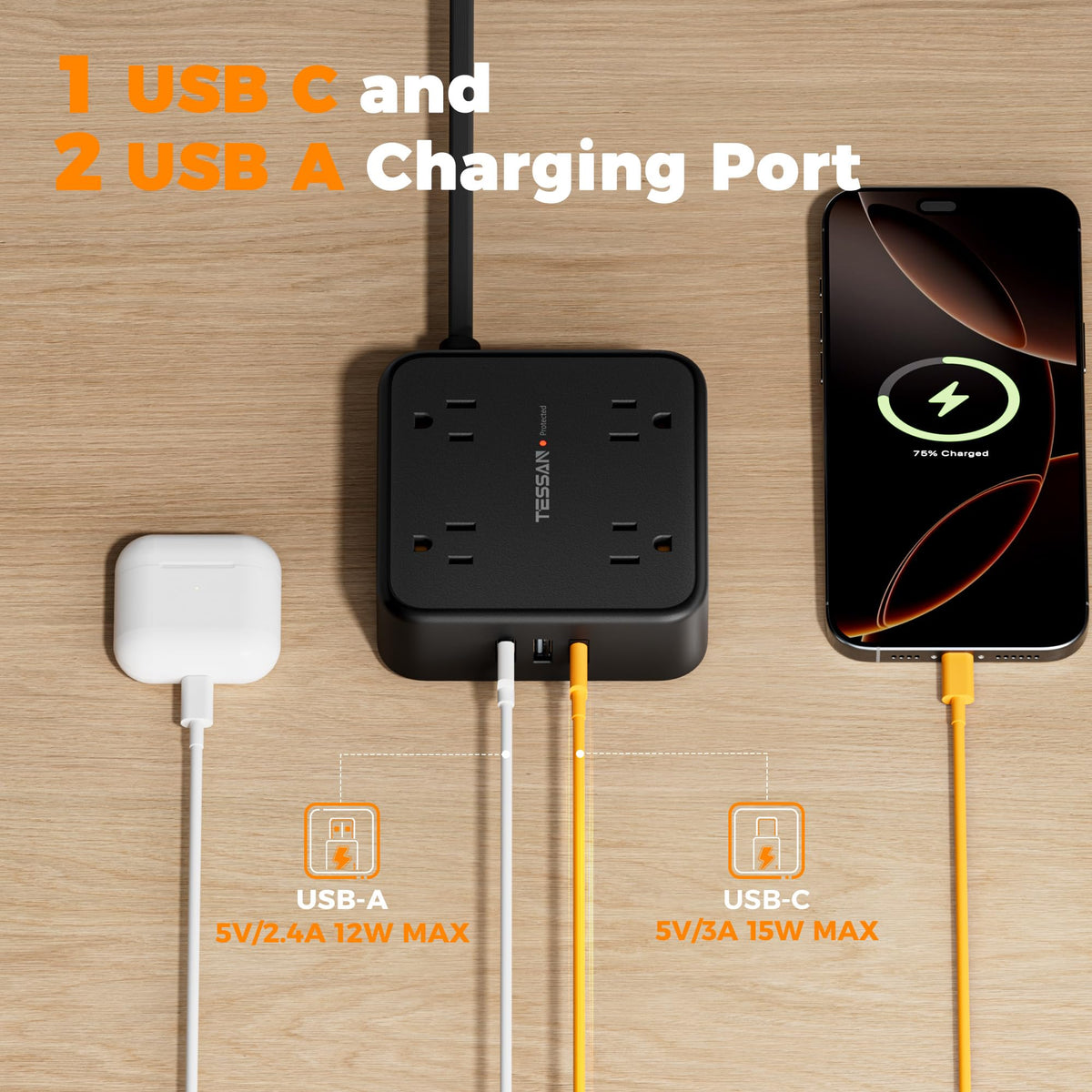 TESSAN Surge Protector Power Strip, 5 Ft Flat Plug Extension Cord with 3 USB (1 USB C) 8 Outlets, 1250W, 900J Protection, 3 Sided Outlet Extender with Power Switch for Office, Dorm Room, Grey