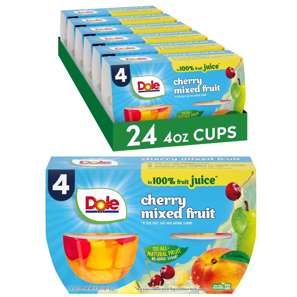 Dole Fruit Bowls No Sugar Added Snacks, Cherry Mixed Fruit 4oz 24 Cups, Gluten & Dairy Free, Bulk Lunch Snacks for Kids & Adults