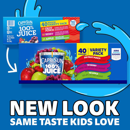 Capri Sun 100% Fruit Punch, Berry & Apple Juice Variety Pack Ready-to-Drink Juice (40 Pouches, 4 Boxes of 10)