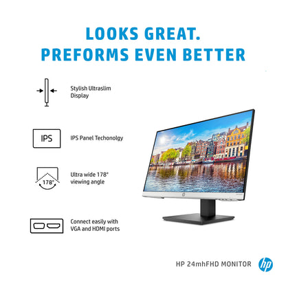 HP 24mh FHD Monitor - Computer Monitor with 23.8-Inch IPS Display (1080p) - Built-in Speakers and VESA Mounting - Height/Tilt Adjustment for Ergonomic Viewing - HDMI and DisplayPort - (1D0J9AA#ABA)