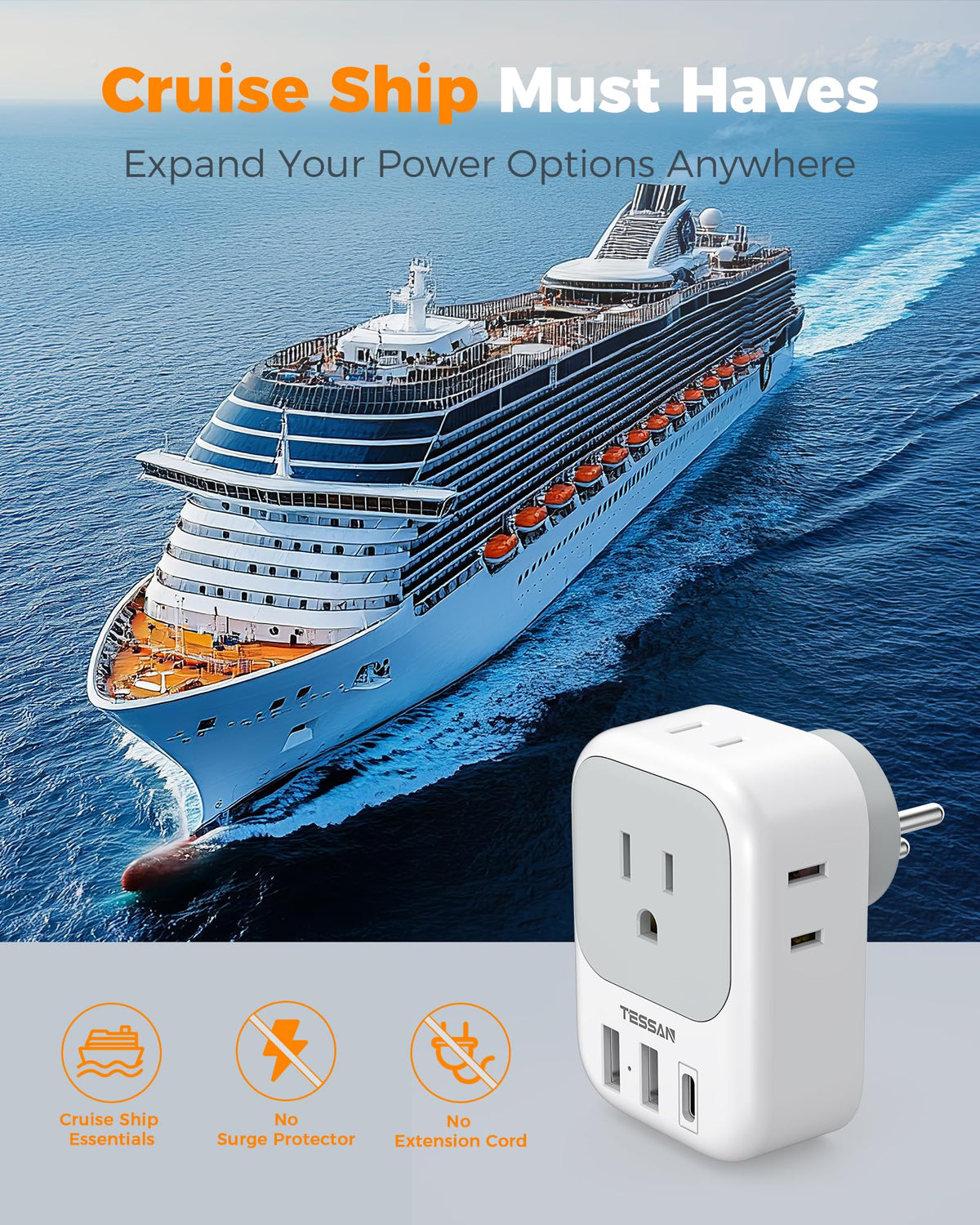2 Pack European Plug Adapter USB C, TESSAN US to Europe Adapter 4 Outlets 3 USB Charger, Type C International Power Adaptor to Italy Spain France Portugal Iceland Germany, Europe Travel Essentials