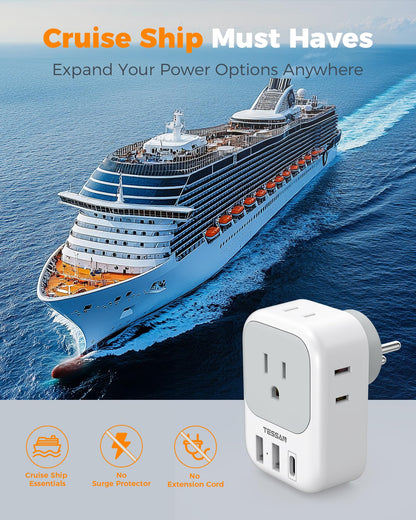 2 Pack European Plug Adapter USB C, TESSAN US to Europe Adapter 4 Outlets 3 USB Charger, Type C International Power Adaptor to Italy Spain France Portugal Iceland Germany, Europe Travel Essentials