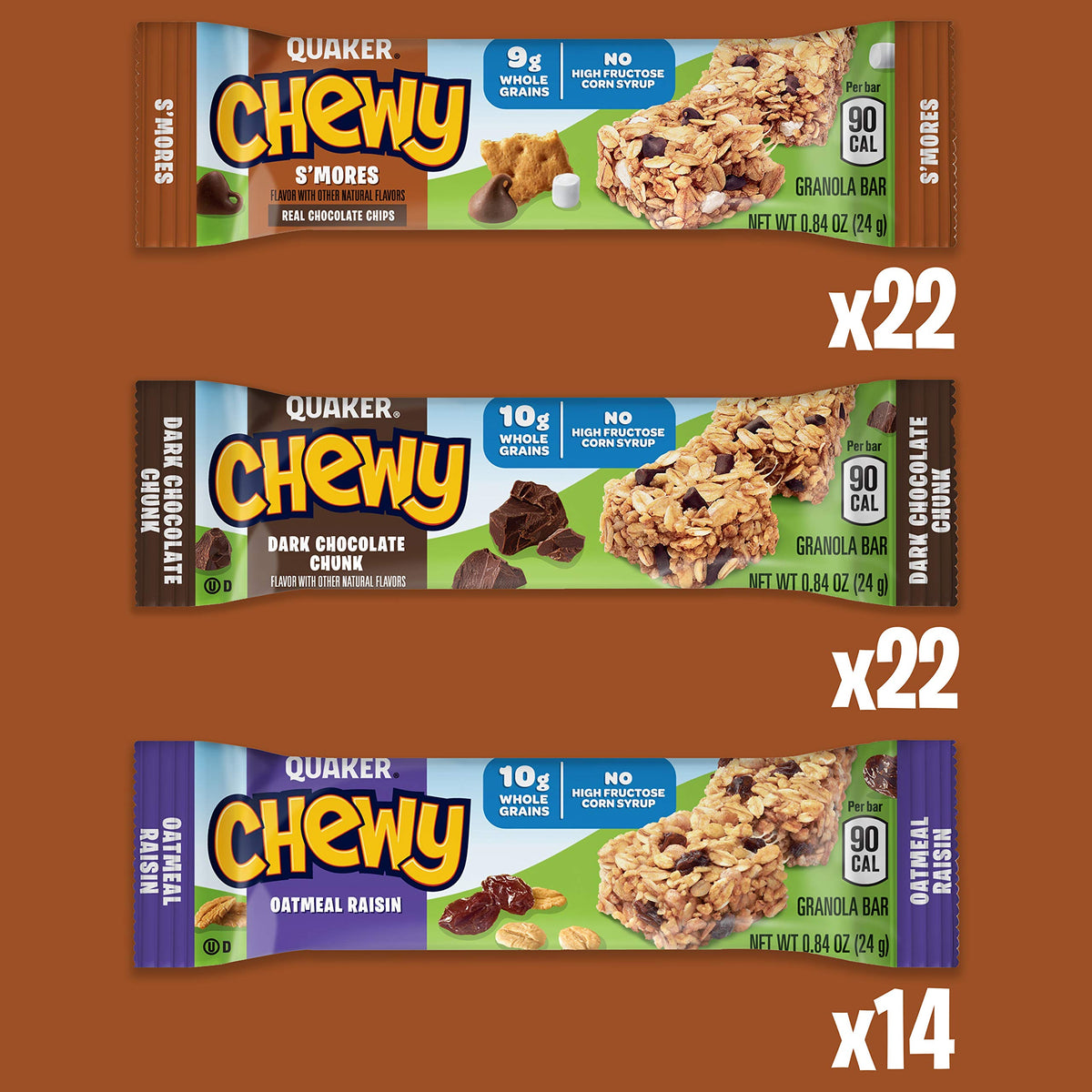 Quaker Chewy Granola Bars, Chewy & Dipps Variety Pack, (58 Bars), Whole Grains, No Artificial Flavors, No Added Colors
